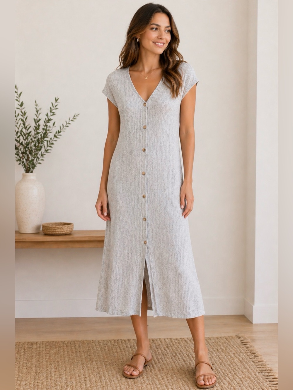 Caution To The Wind Gray Button Front Midi Dress Small Casual Boho Shirt Dress